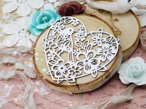 Tekturka "Kochaj" - Serce z kwiatami i ptakiem