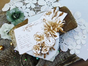 Tekturka "Wspomnienia" - Kompozycja: listy, kwiaty, zegar